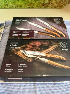 Laguiole Olive Wood Steak Knife & Fork Sets - Brown Wood Handles Set of 6 each